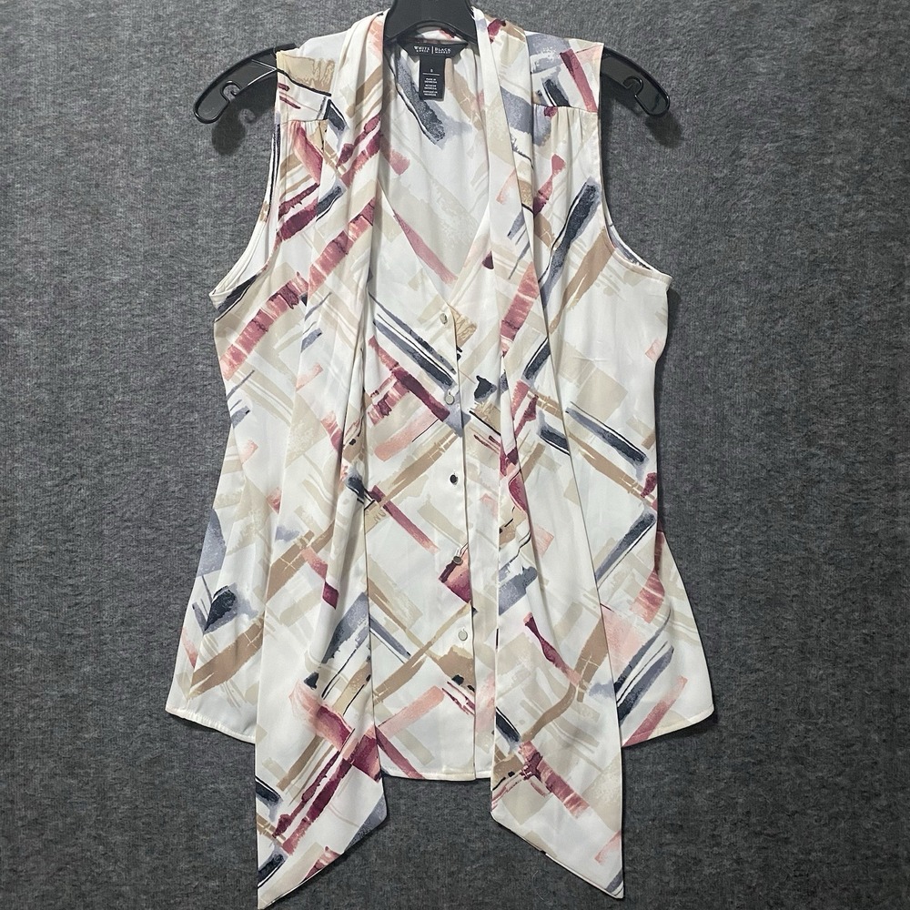 WHBM Top Womens 8 Ivory Pink Abstract Tie Front Button Up Blouse Office Preppy